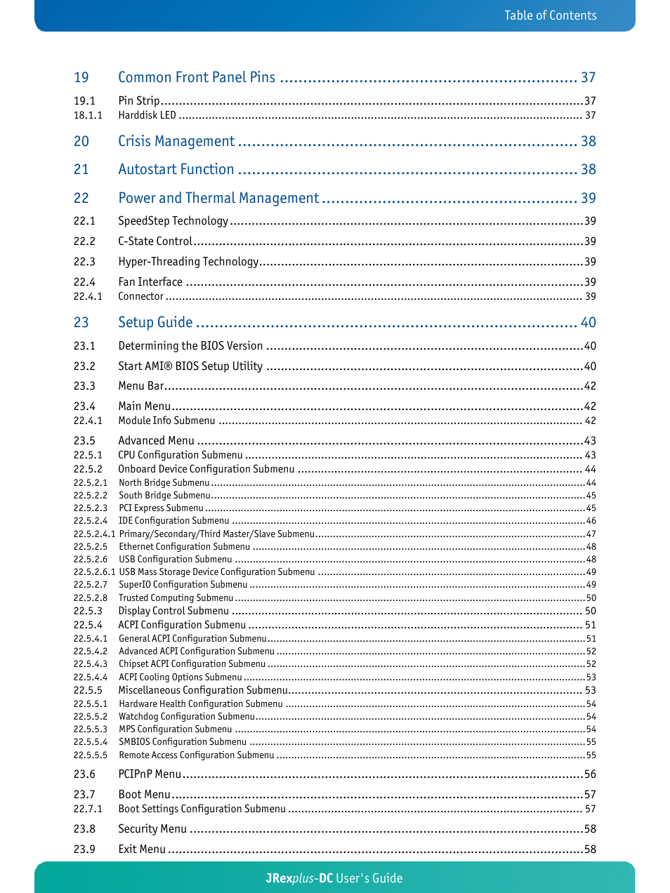 Common front panel pins, Crisis management, Autostart function | Power and thermal management, Setup guide | Kontron JRexplus-DC User Manual | Page 4 / 77