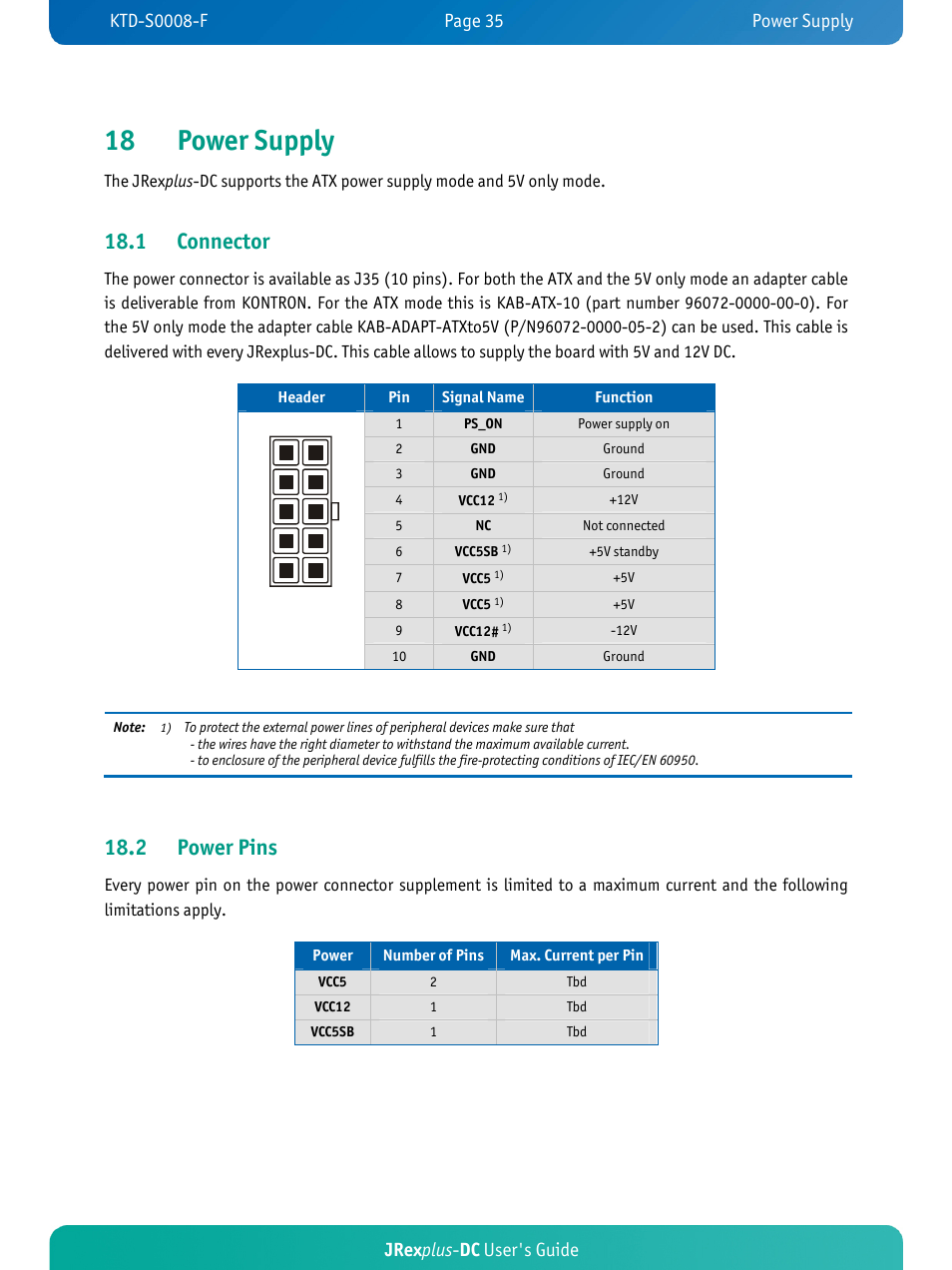 18 power supply, 1 connector, 2 power pins | Jrex plus - dc user's guide | Kontron JRexplus-DC User Manual | Page 40 / 77