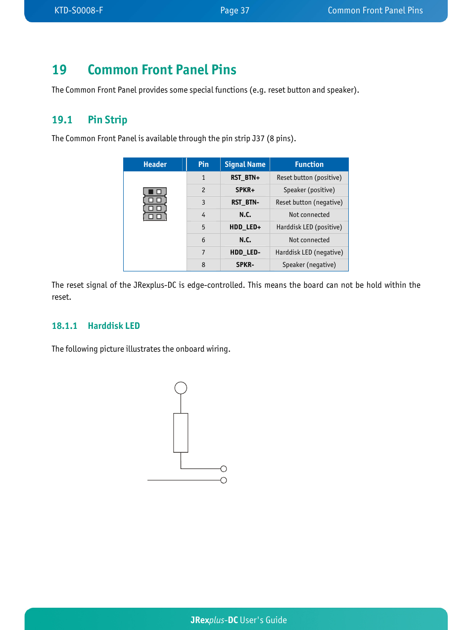 19 common front panel pins, 1 pin strip, Jrex plus - dc user's guide | 1 harddisk led | Kontron JRexplus-DC User Manual | Page 42 / 77