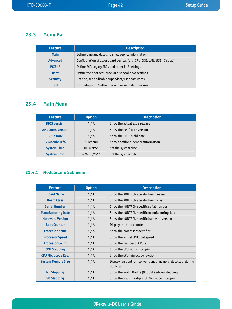 3 menu bar, 4 main menu, Jrex plus - dc user's guide | 1 module info submenu | Kontron JRexplus-DC User Manual | Page 47 / 77