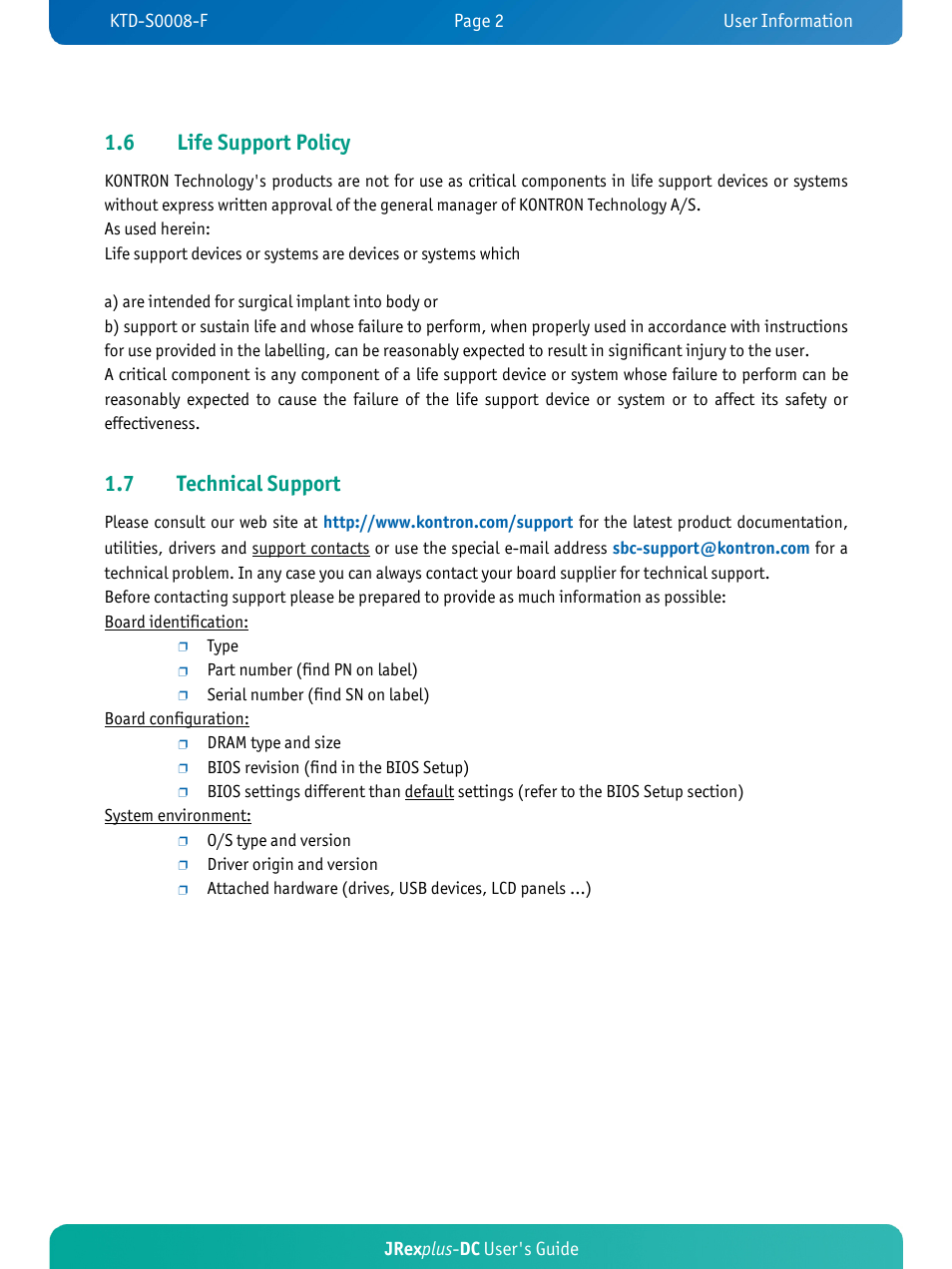 6 life support policy, 7 technical support | Kontron JRexplus-DC User Manual | Page 7 / 77
