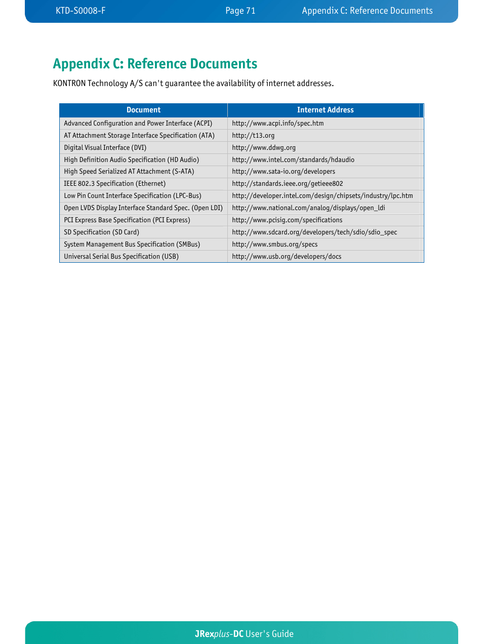 Appendix c: reference documents, Jrex plus - dc user's guide | Kontron JRexplus-DC User Manual | Page 76 / 77