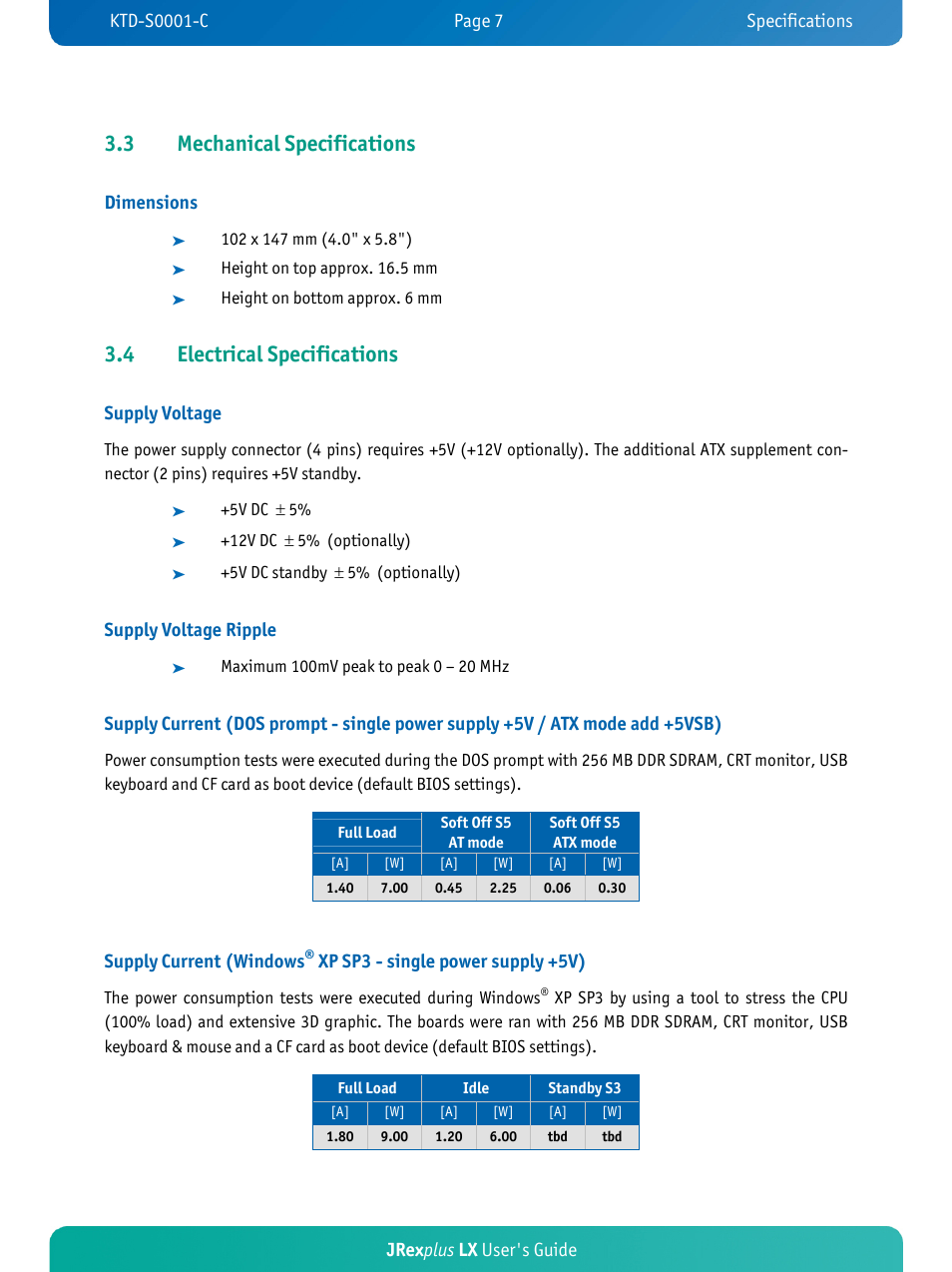 3 mechanical specifications, 4 electrical specifications, Jrex plus lx user's guide | Dimensions, Supply voltage, Supply voltage ripple, Supply current (windows, Xp sp3 - single power supply +5v) | Kontron JRexplus-LX User Manual | Page 11 / 60