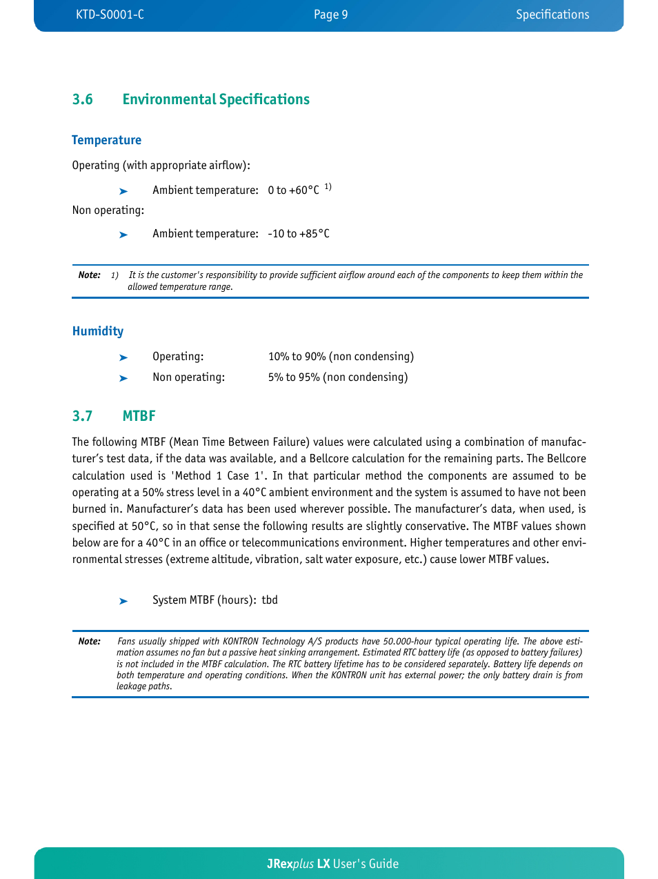 6 environmental specifications, 7 mtbf | Kontron JRexplus-LX User Manual | Page 13 / 60