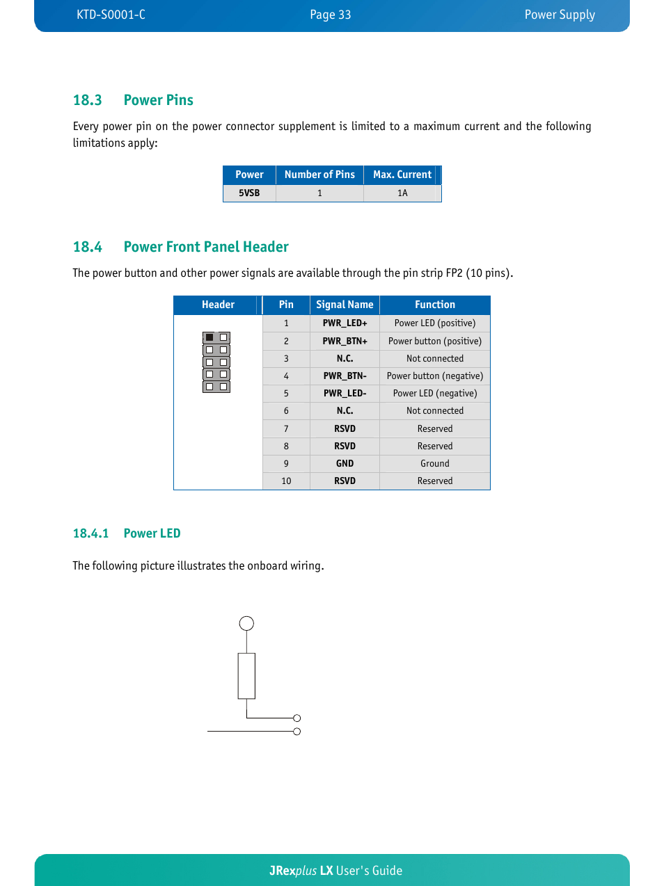 3 power pins, 4 power front panel header, Jrex plus lx user's guide | 1 power led | Kontron JRexplus-LX User Manual | Page 37 / 60