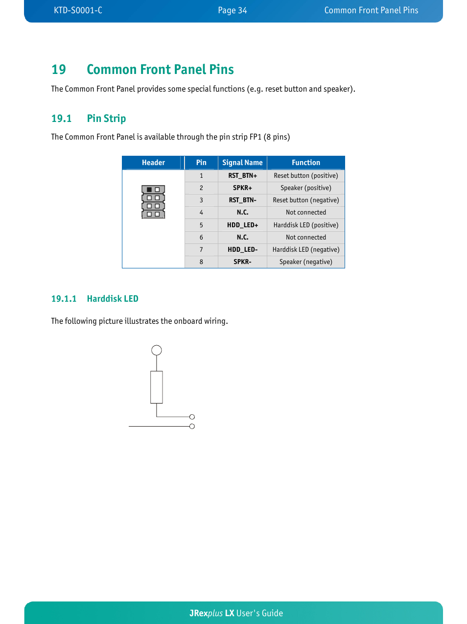 19 common front panel pins, 1 pin strip, Jrex plus lx user's guide | 1 harddisk led | Kontron JRexplus-LX User Manual | Page 38 / 60