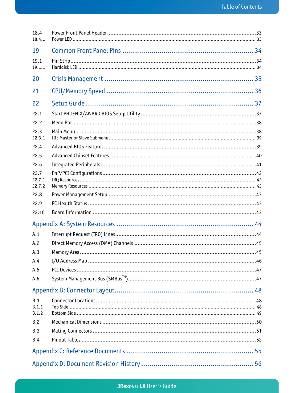 Common front panel pins, Crisis management, Setup guide | Appendix a: system resources, Appendix b: connector layout, Appendix c: reference documents, Appendix d: document revision history | Kontron JRexplus-LX User Manual | Page 4 / 60