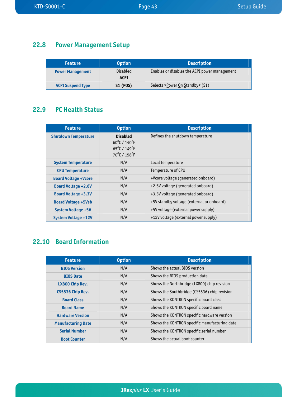 8 power management setup, 9 pc health status, 10 board information | Jrex plus lx user's guide | Kontron JRexplus-LX User Manual | Page 47 / 60