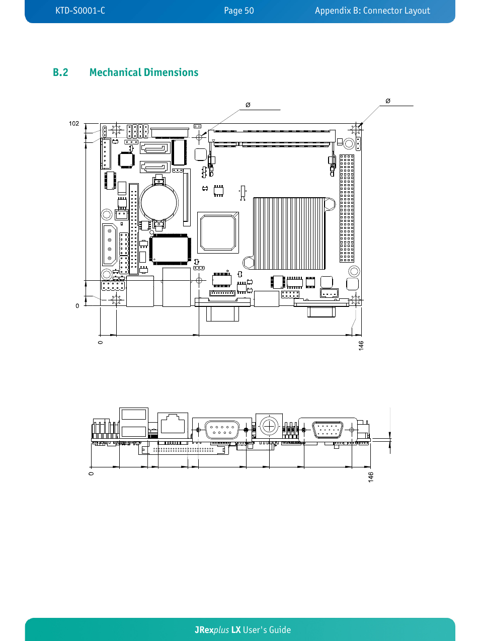 B.2 mechanical dimensions, Jrex plus lx user's guide | Kontron JRexplus-LX User Manual | Page 54 / 60