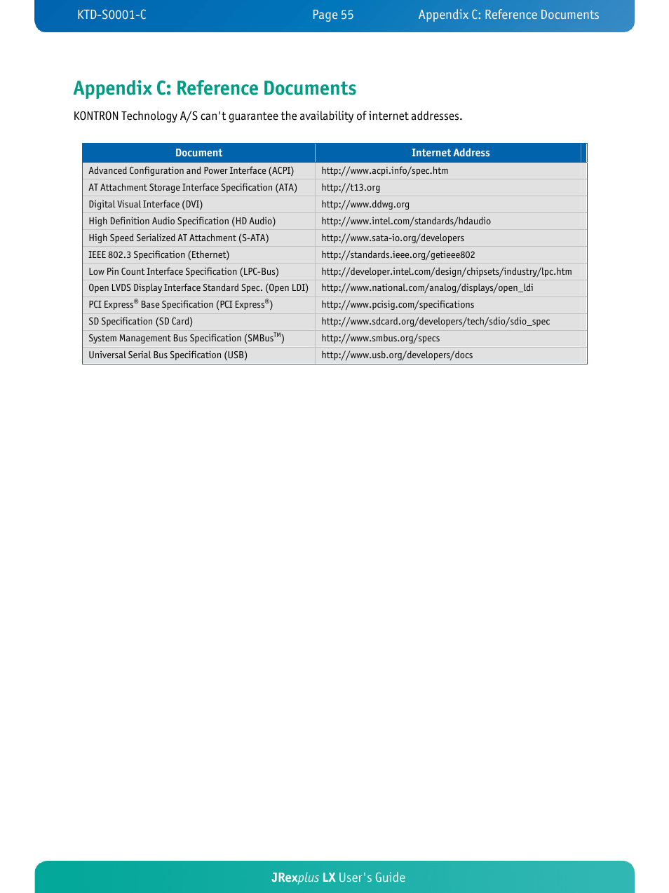 Appendix c: reference documents, Jrex plus lx user's guide | Kontron JRexplus-LX User Manual | Page 59 / 60