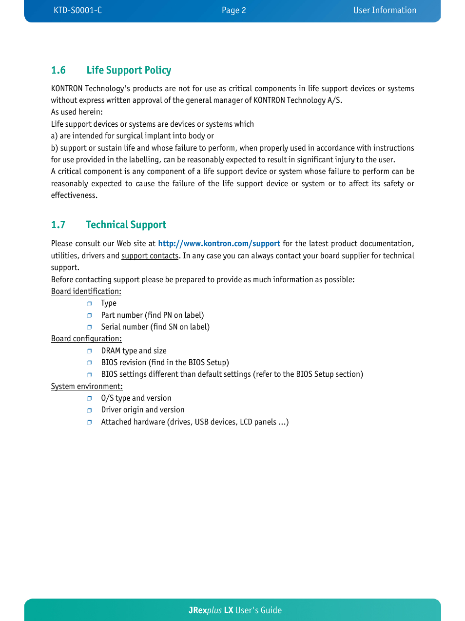 6 life support policy, 7 technical support, Jrex plus lx user's guide | Kontron JRexplus-LX User Manual | Page 6 / 60
