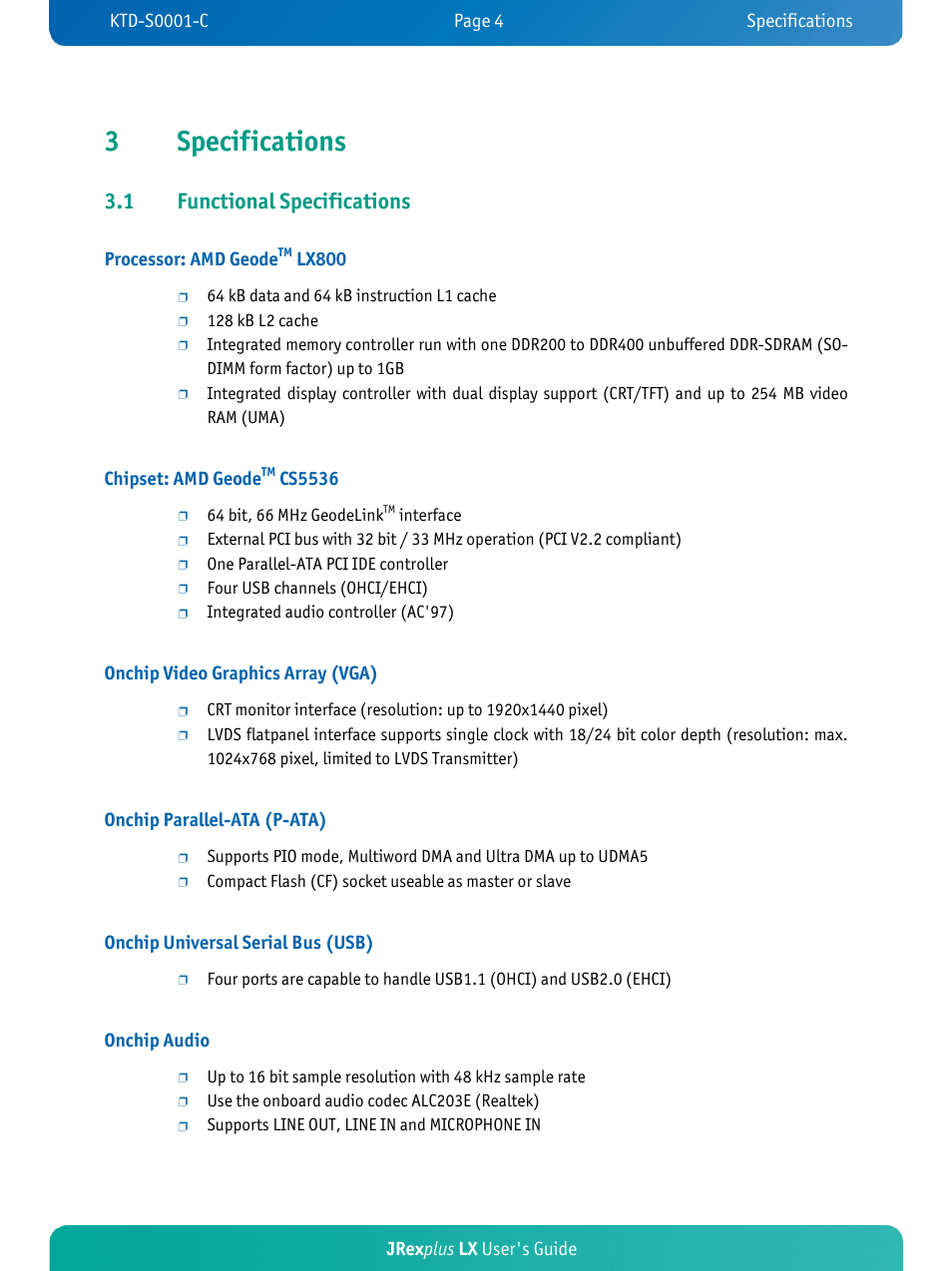 3specifications, 1 functional specifications, Jrex plus lx user's guide | Processor: amd geode, Lx800, Chipset: amd geode, Cs5536, Onchip video graphics array (vga), Onchip parallel-ata (p-ata), Onchip universal serial bus (usb) | Kontron JRexplus-LX User Manual | Page 8 / 60