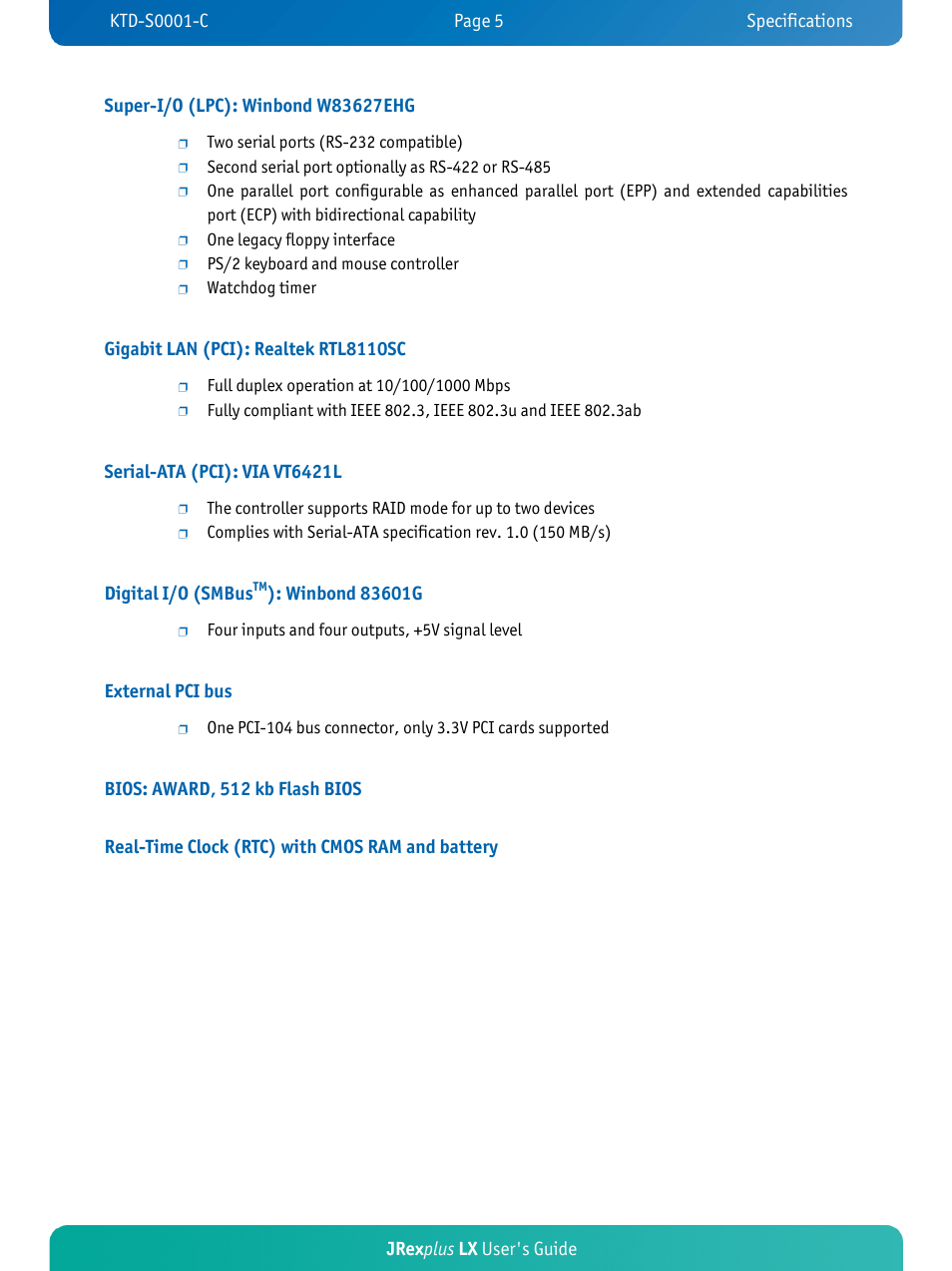 Gigabit lan (pci): realtek rtl8110sc, Serial-ata (pci): via vt6421l, Digital i/o (smbus | External pci bus | Kontron JRexplus-LX User Manual | Page 9 / 60