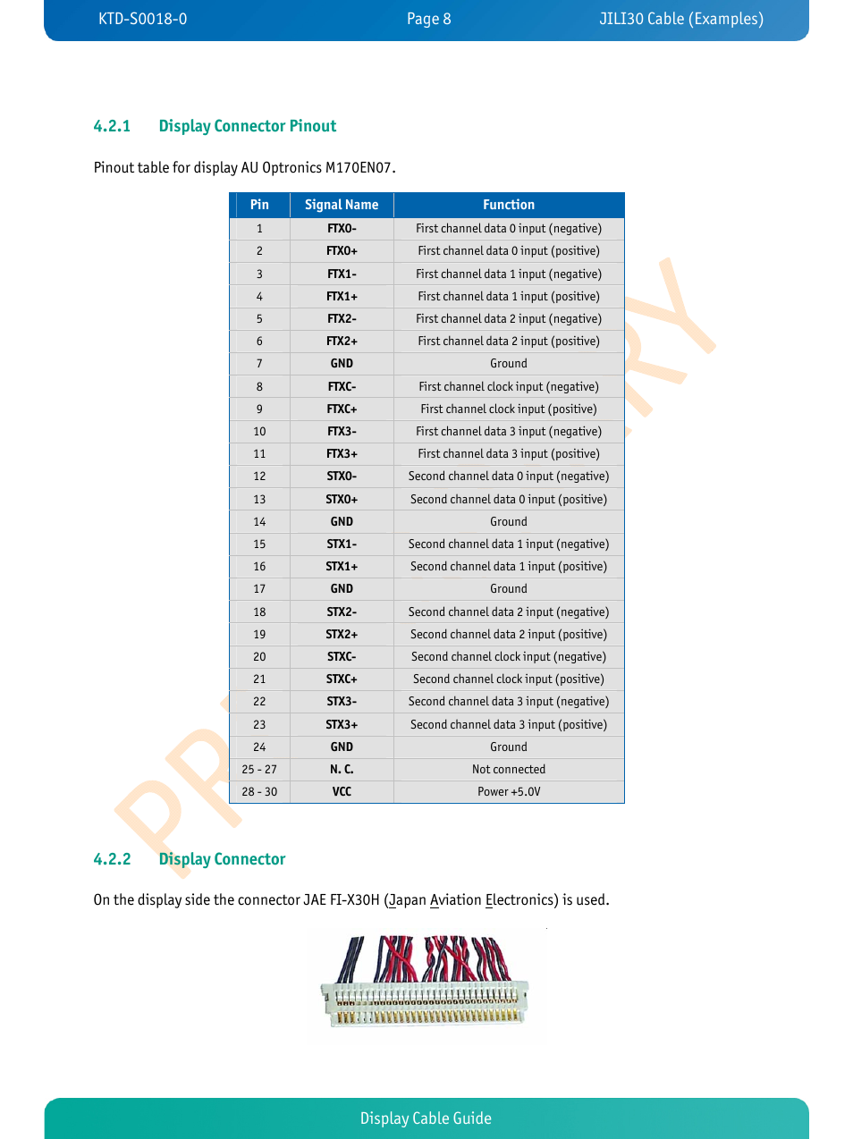 Display cable guide 4.2.1 display connector pinout, 2 display connector | Kontron JRexplus-LX Display Cable User Manual | Page 10 / 19