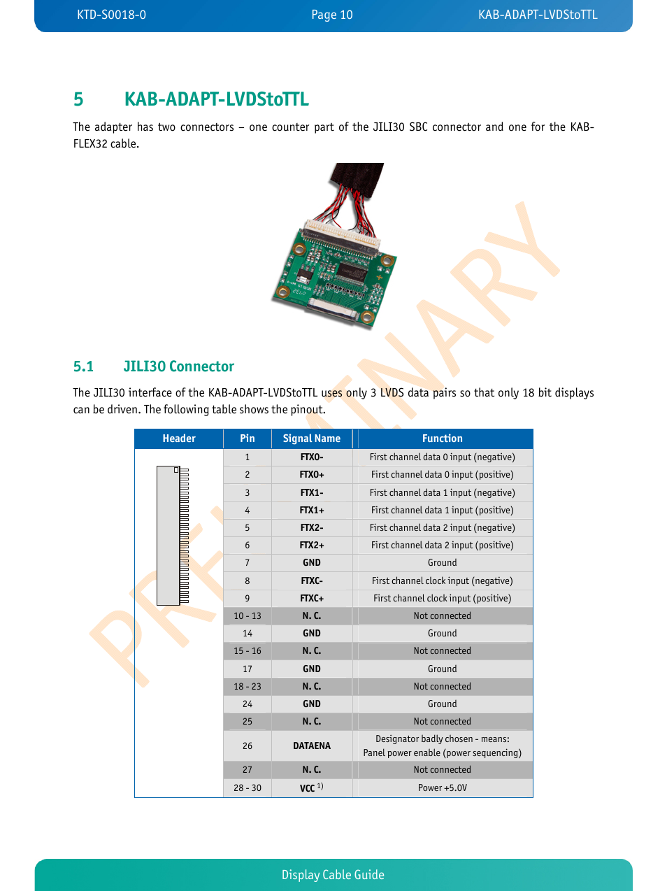 5kab-adapt-lvdstottl, 1 jili30 connector, Display cable guide | Kontron JRexplus-LX Display Cable User Manual | Page 12 / 19