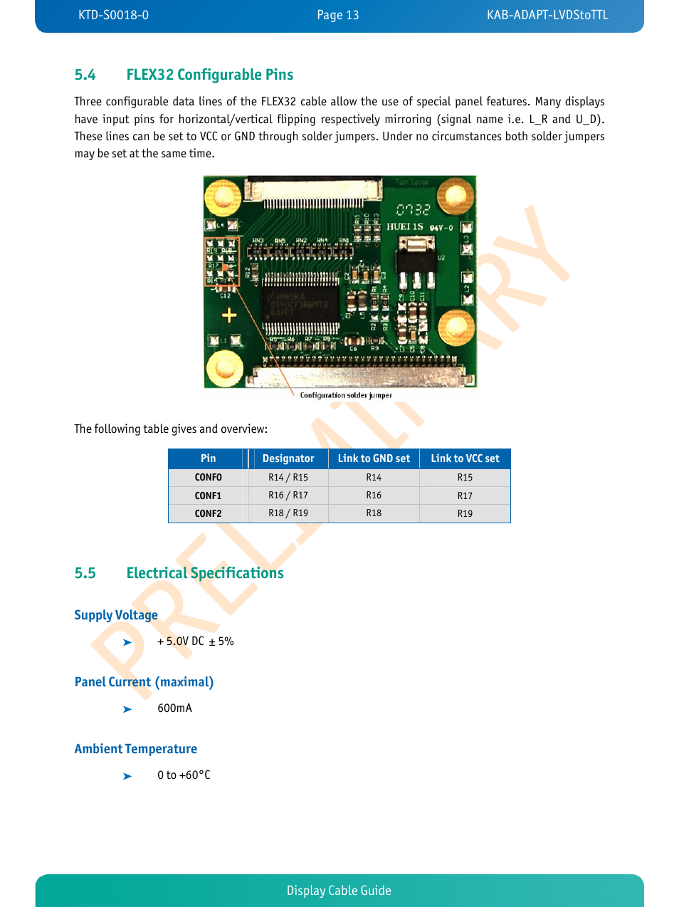4 flex32 configurable pins, 5 electrical specifications | Kontron JRexplus-LX Display Cable User Manual | Page 15 / 19