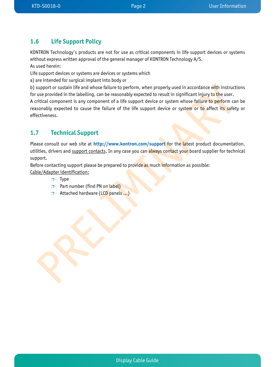 6 life support policy, 7 technical support | Kontron JRexplus-LX Display Cable User Manual | Page 4 / 19