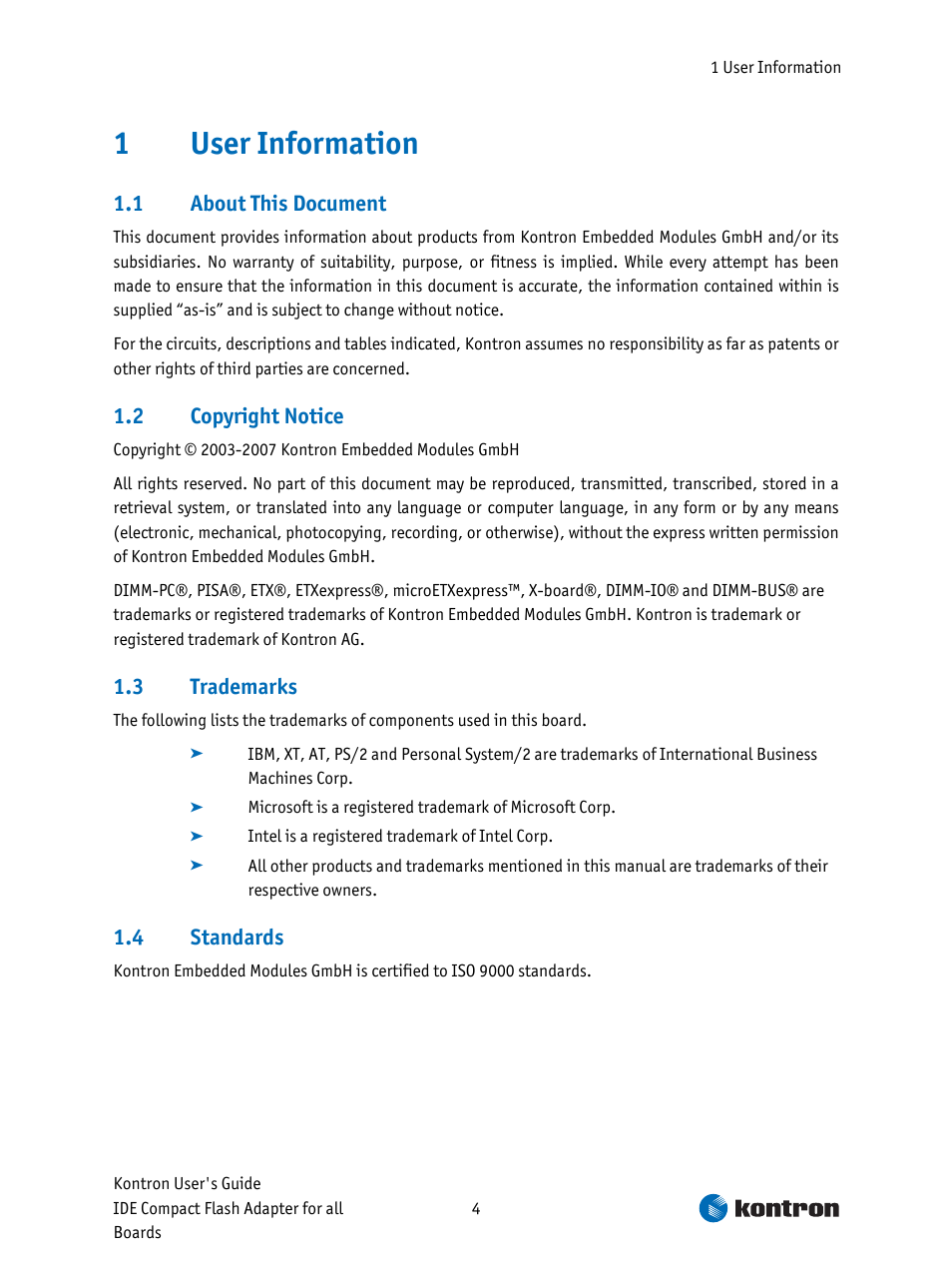 User information, About this document, Copyright notice | Trademarks, Standards | Kontron CFC-ADA-1 User Manual | Page 4 / 10