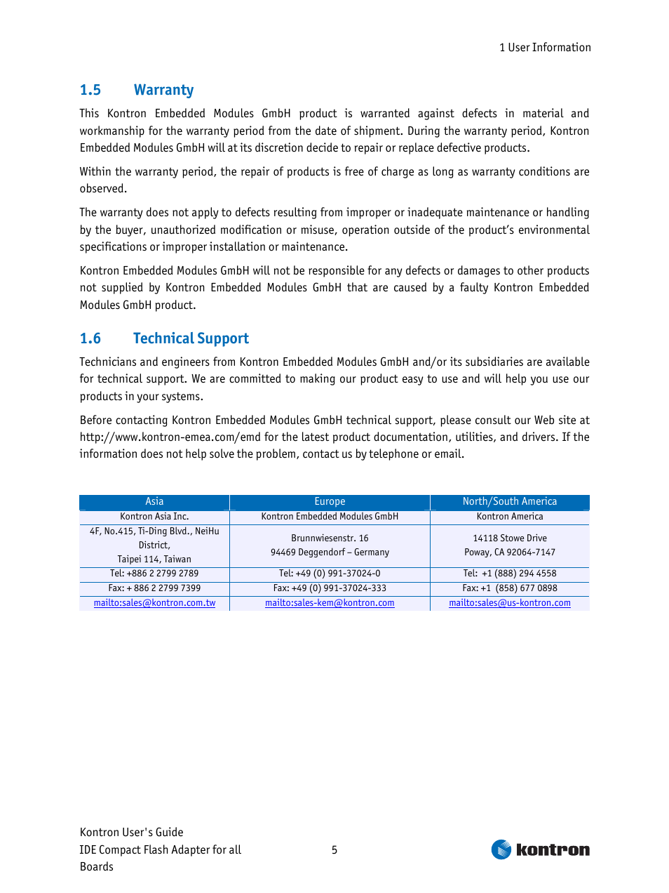 Warranty, Technical support, 5 1.6 warranty | Kontron CFC-ADA-1 User Manual | Page 5 / 10