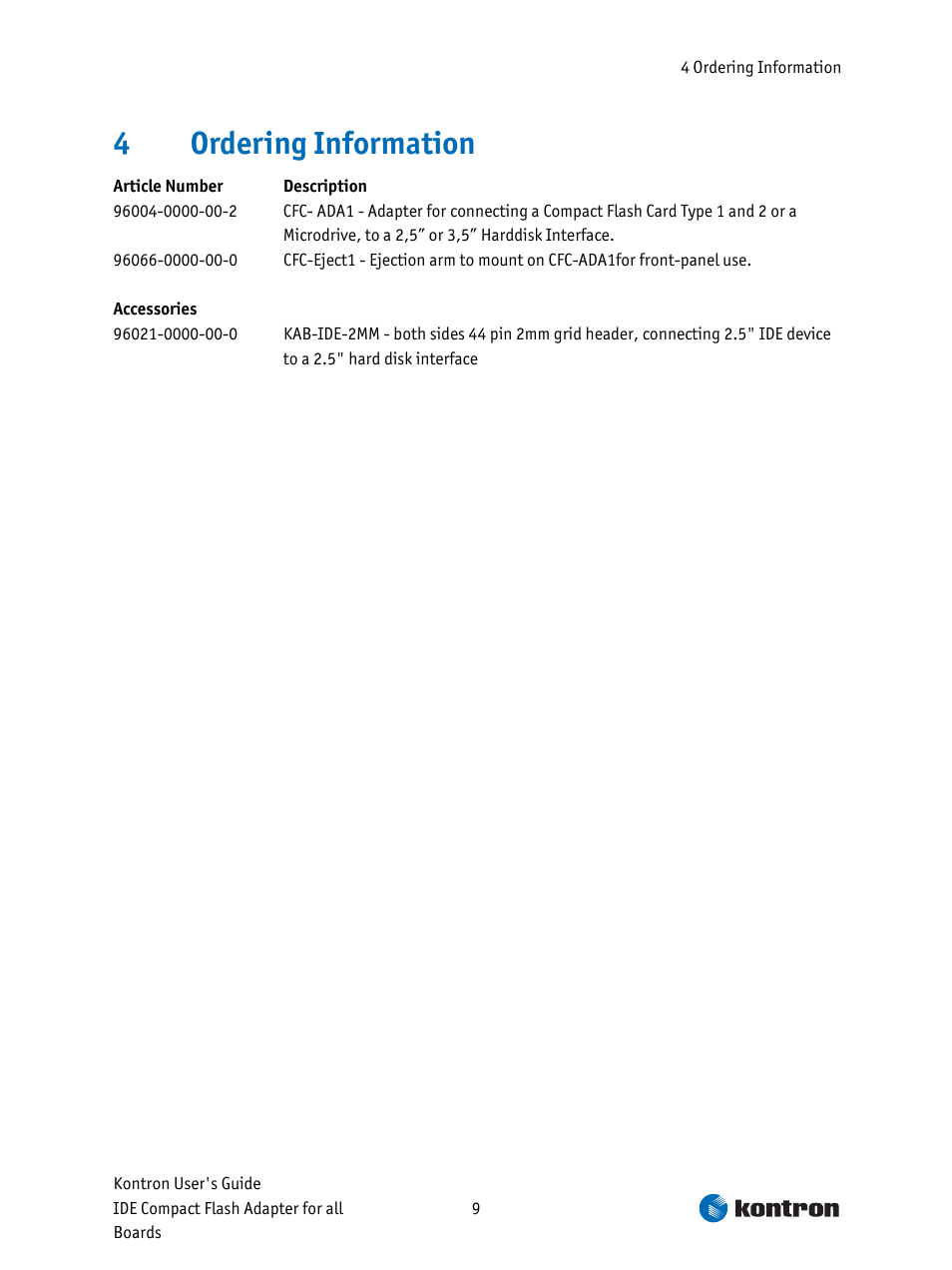 Ordering information, 4ordering information | Kontron CFC-ADA-1 User Manual | Page 9 / 10