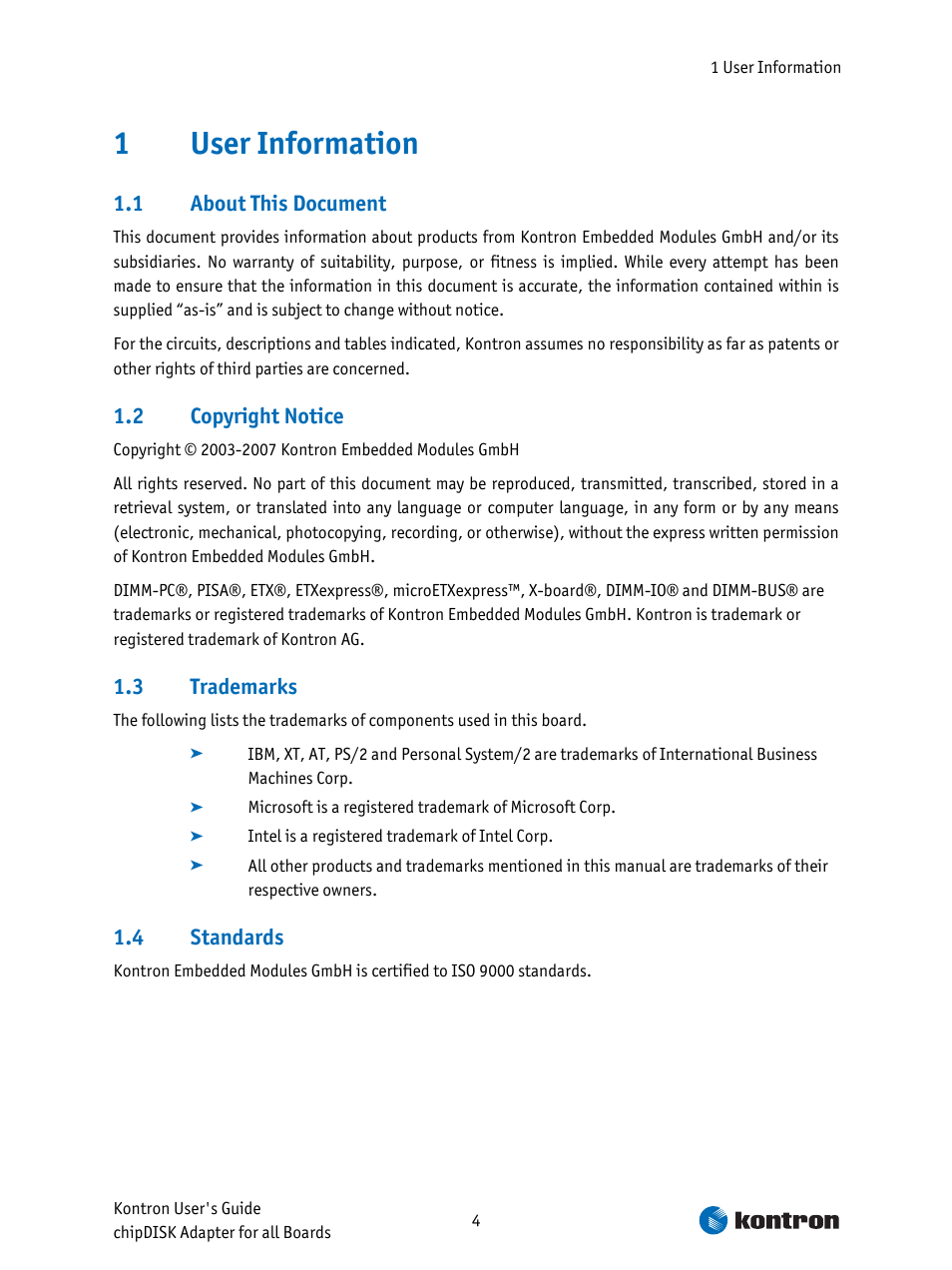 User information, About this document, Copyright notice | Trademarks, Standards | Kontron chipDISK-ADA1 User Manual | Page 4 / 8