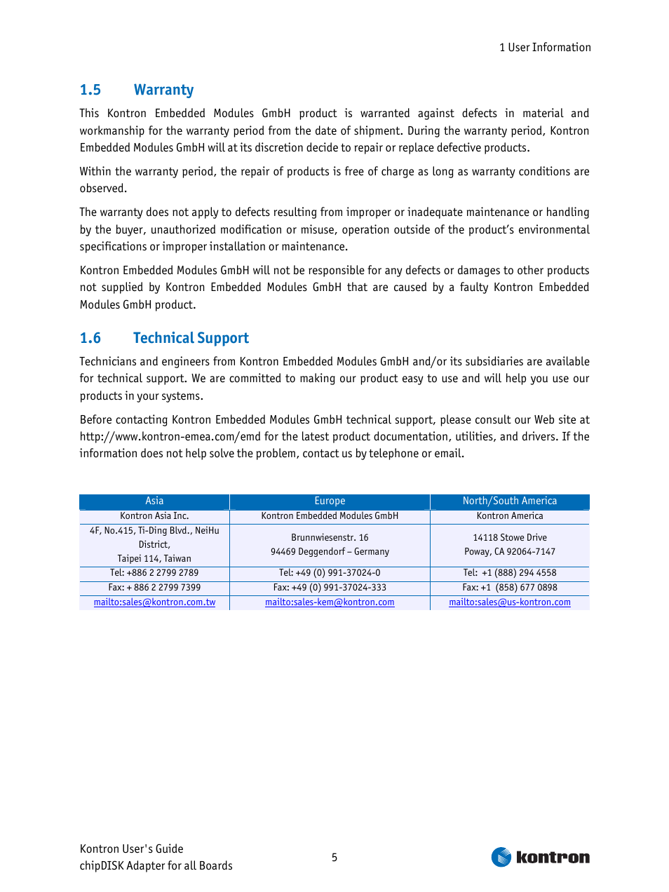 Warranty, Technical support, 5 1.6 warranty | Kontron chipDISK-ADA1 User Manual | Page 5 / 8