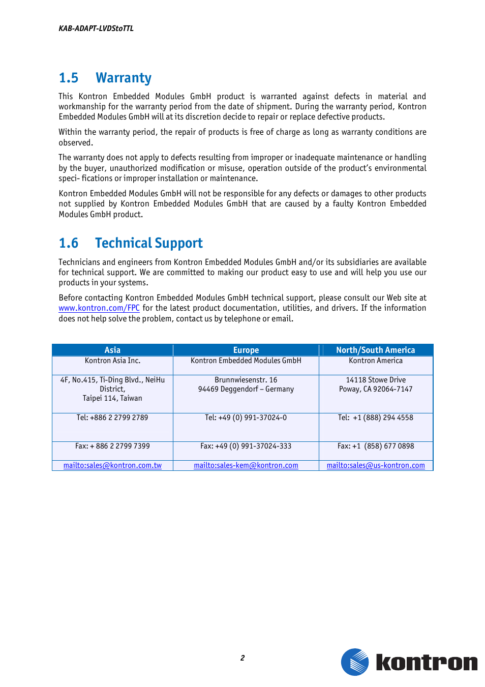 5 warranty, 6 technical support | Kontron KAB-Adapt-LVDStoTTL User Manual | Page 4 / 10