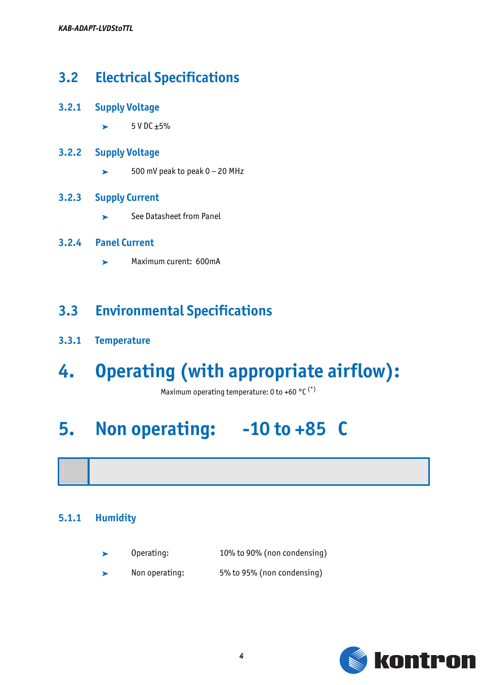 Operating (with appropriate airflow), Non operating: -10 to +85 °°°° c, 2 electrical specifications | 3 environmental specifications | Kontron KAB-Adapt-LVDStoTTL User Manual | Page 6 / 10