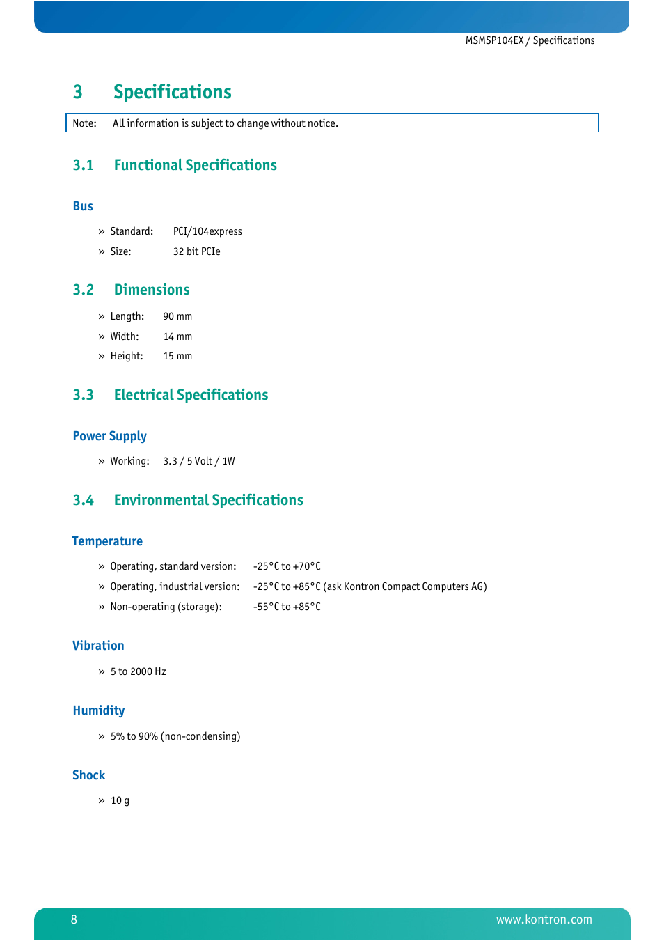 3 specifications, 1 functional specifications, 2 dimensions | 3 electrical specifications, 4 environmental specifications, Specifications, Functional specifications, Dimensions, Electrical specifications, Environmental specifications | Kontron MSMSP104EX User Manual | Page 10 / 20