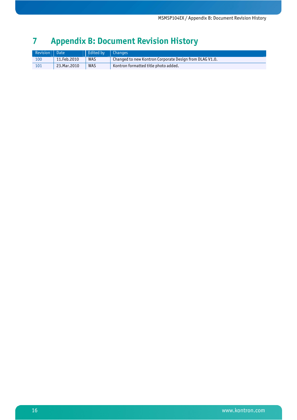 7 appendix b: document revision history, Appendix b: document revision history, 7appendix b: document revision history | Kontron MSMSP104EX User Manual | Page 18 / 20