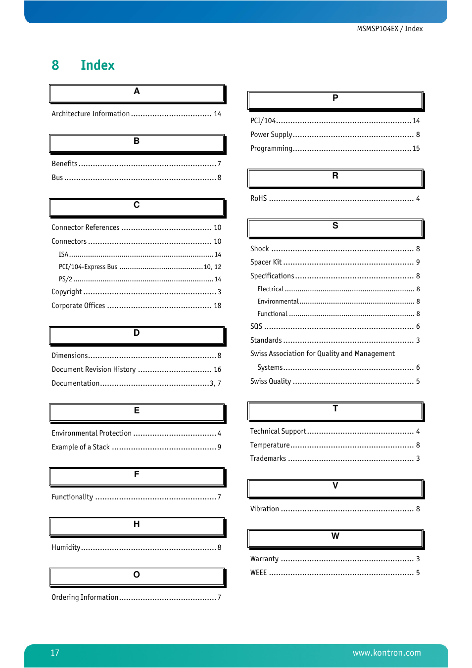 8 index, Index, 8index | Kontron MSMSP104EX User Manual | Page 19 / 20