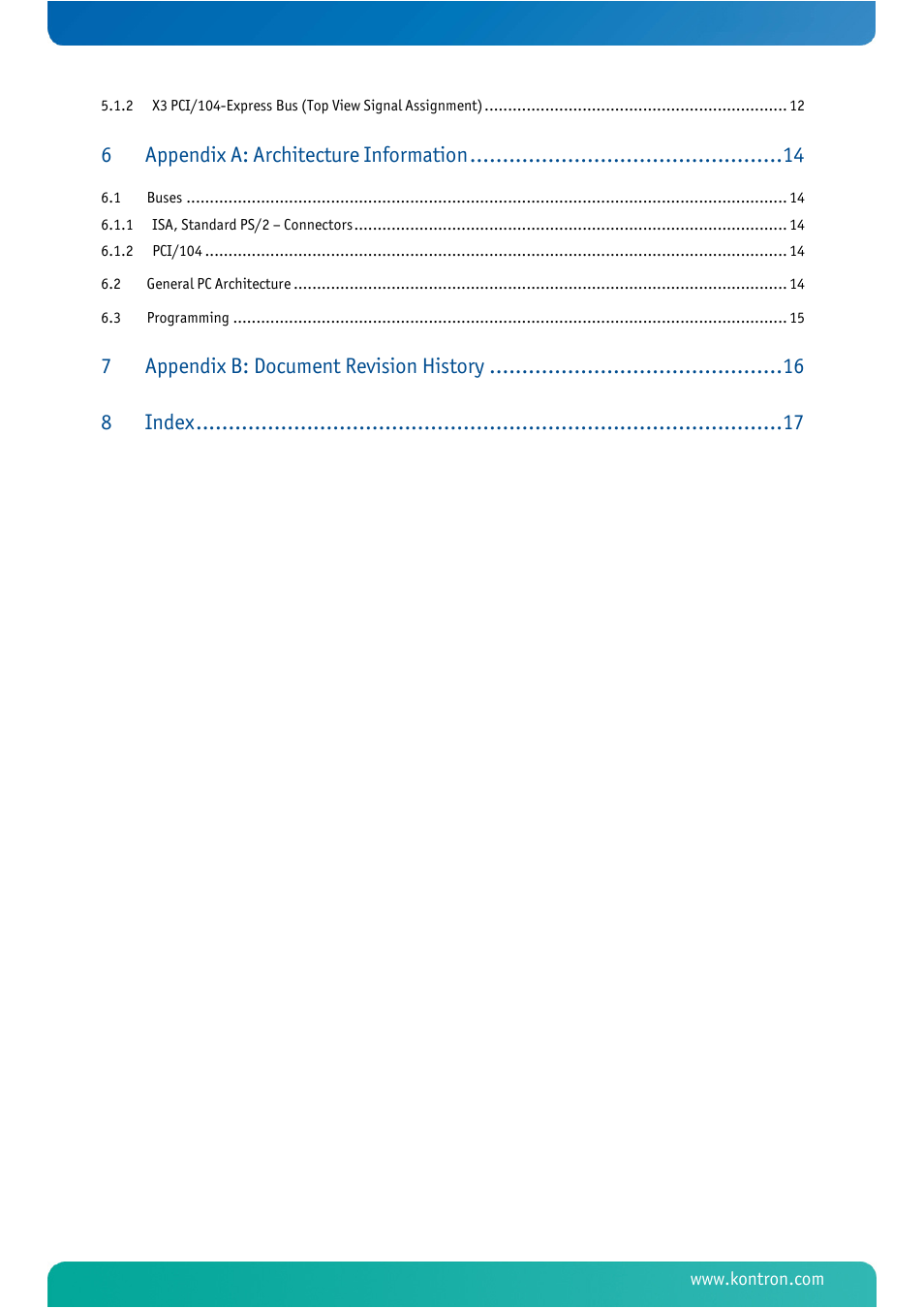 Appendix a: architecture information, Appendix b: document revision history 8, Index | Kontron MSMSP104EX User Manual | Page 4 / 20