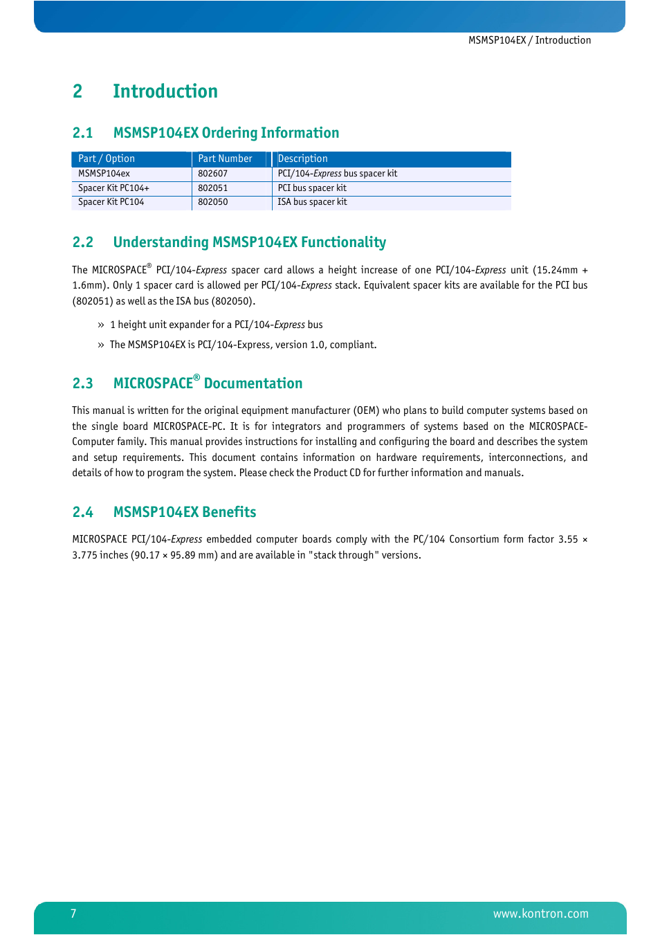 2 introduction, 1 msmsp104ex ordering information, 2 understanding msmsp104ex functionality | 3 microspace® documentation, 4 msmsp104ex benefits, Introduction, Msmsp104ex ordering information, Understanding msmsp104ex functionality, Microspace, Documentation | Kontron MSMSP104EX User Manual | Page 9 / 20