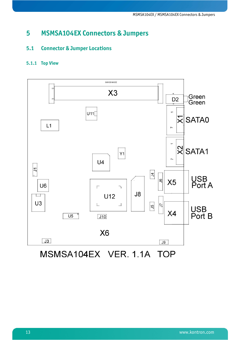 5 msmsa104ex connectors & jumpers, 1 connector & jumper locations, 1 top view | Msmsa104ex connectors & jumpers, Connector & jumper locations, Top view, 5msmsa104ex connectors & jumpers | Kontron MSMSA104EX User Manual | Page 15 / 28