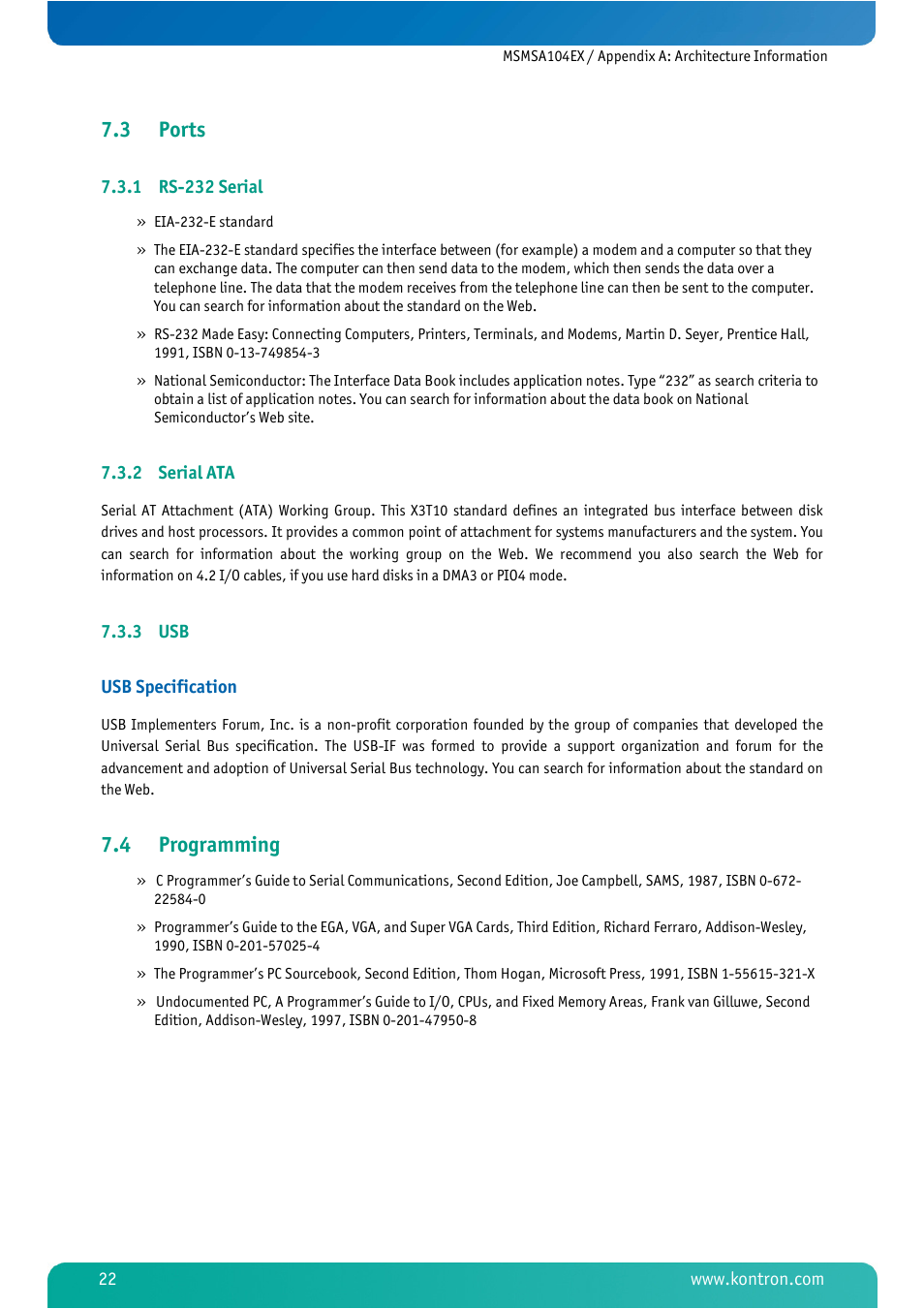 3 ports, 1 rs-232 serial, 2 serial ata | 3 usb, 4 programming, Ports, Rs-232 serial, Serial ata, Programming | Kontron MSMSA104EX User Manual | Page 24 / 28