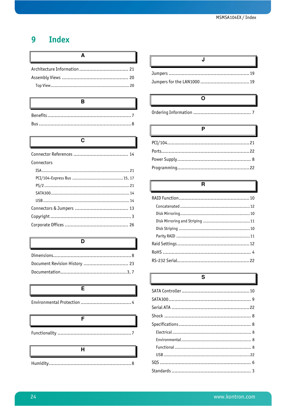 9 index, Index, 9index | Kontron MSMSA104EX User Manual | Page 26 / 28