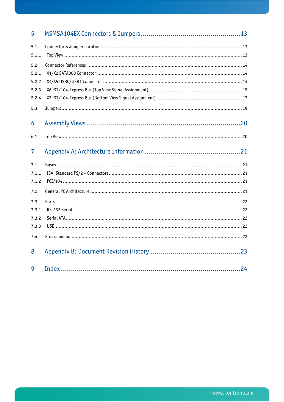 Msmsa104ex connectors & jumpers, Assembly views, Appendix a: architecture information | Appendix b: document revision history 9, Index | Kontron MSMSA104EX User Manual | Page 4 / 28