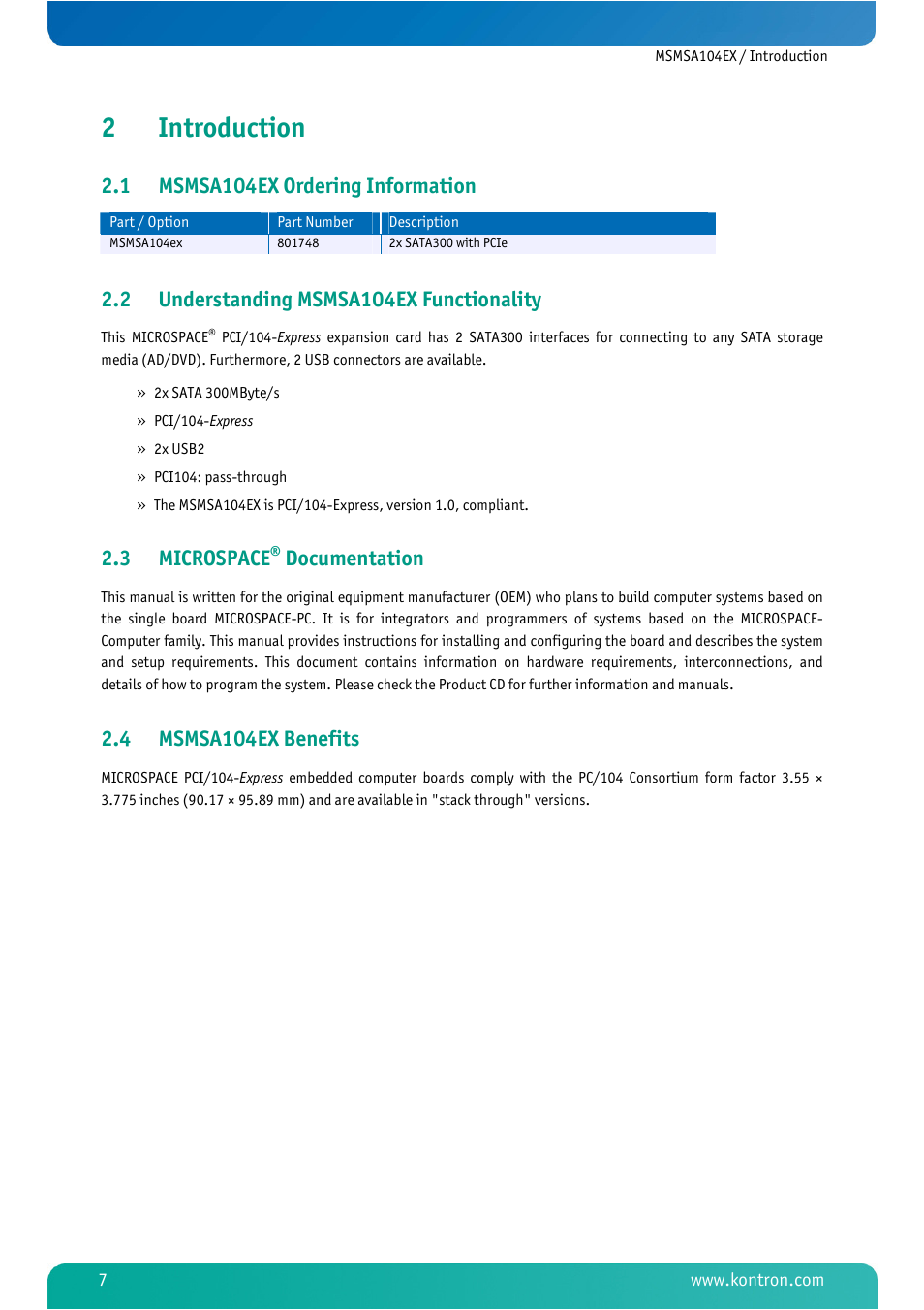 2 introduction, 1 msmsa104ex ordering information, 2 understanding msmsa104ex functionality | 3 microspace® documentation, 4 msmsa104ex benefits, Introduction, Msmsa104ex ordering information, Understanding msmsa104ex functionality, Microspace, Documentation | Kontron MSMSA104EX User Manual | Page 9 / 28