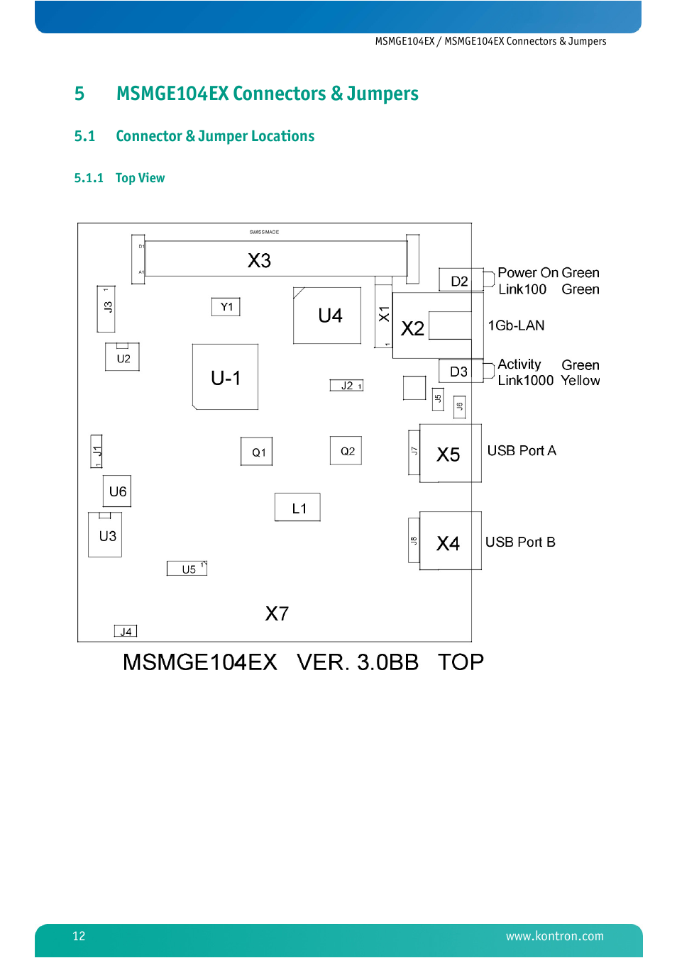 5 msmge104ex connectors & jumpers, 1 connector & jumper locations, 1 top view | Msmge104ex connectors & jumpers, Connector & jumper locations, Top view, 5msmge104ex connectors & jumpers | Kontron MSMGE104EX User Manual | Page 14 / 28