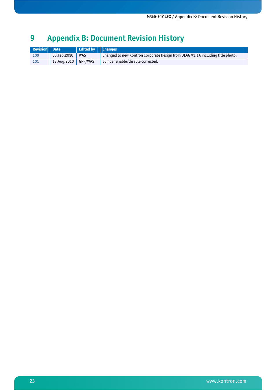 9 appendix b: document revision history, Appendix b: document revision history, 9appendix b: document revision history | Kontron MSMGE104EX User Manual | Page 25 / 28