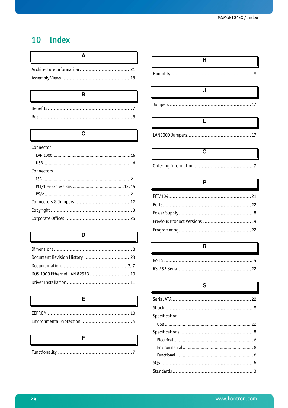 10 index, Index | Kontron MSMGE104EX User Manual | Page 26 / 28