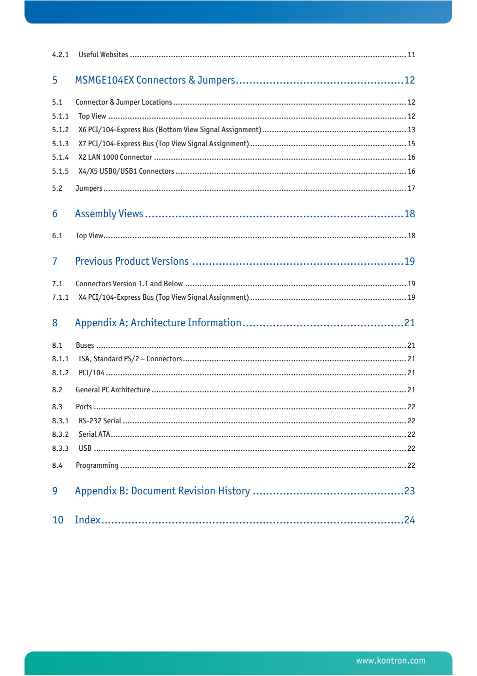 Msmge104ex connectors & jumpers, Assembly views, Previous product versions | Appendix a: architecture information, Appendix b: document revision history 10, Index | Kontron MSMGE104EX User Manual | Page 4 / 28