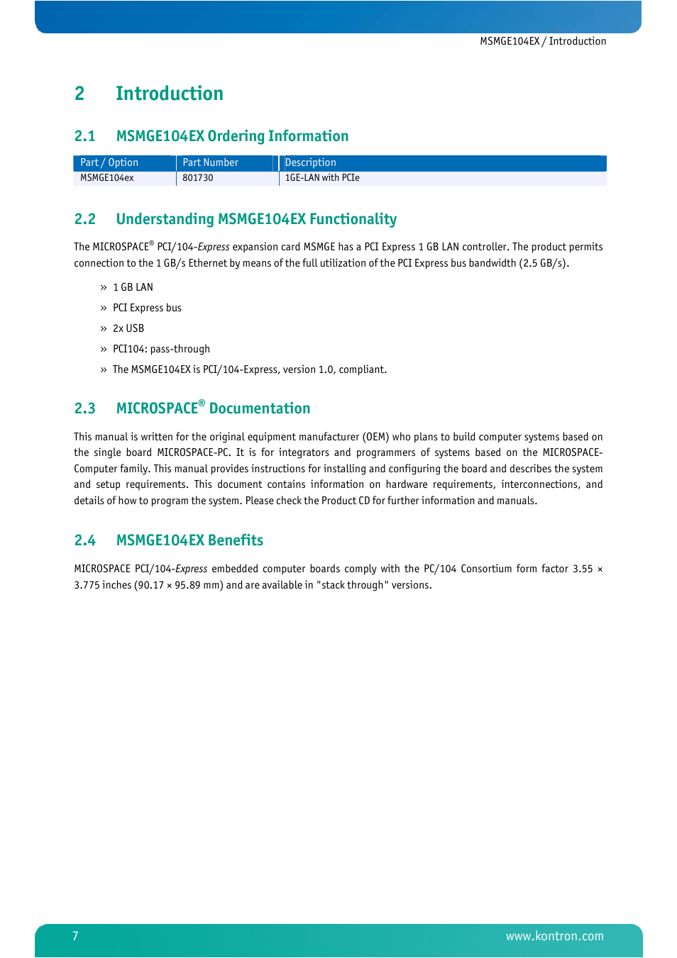 2 introduction, 1 msmge104ex ordering information, 2 understanding msmge104ex functionality | 3 microspace® documentation, 4 msmge104ex benefits, Introduction, Msmge104ex ordering information, Understanding msmge104ex functionality, Microspace, Documentation | Kontron MSMGE104EX User Manual | Page 9 / 28