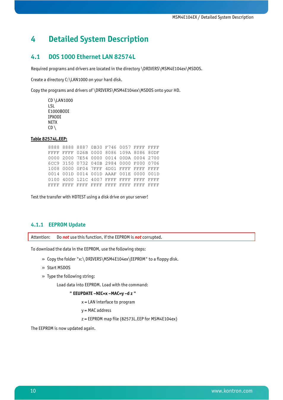 4 detailed system description, 1 dos 1000 ethernet lan 82574l, 1 eeprom update | Detailed system description, Dos 1000 ethernet lan 82574l, Eeprom update, 4detailed system description | Kontron MSM4E104EX User Manual | Page 12 / 27