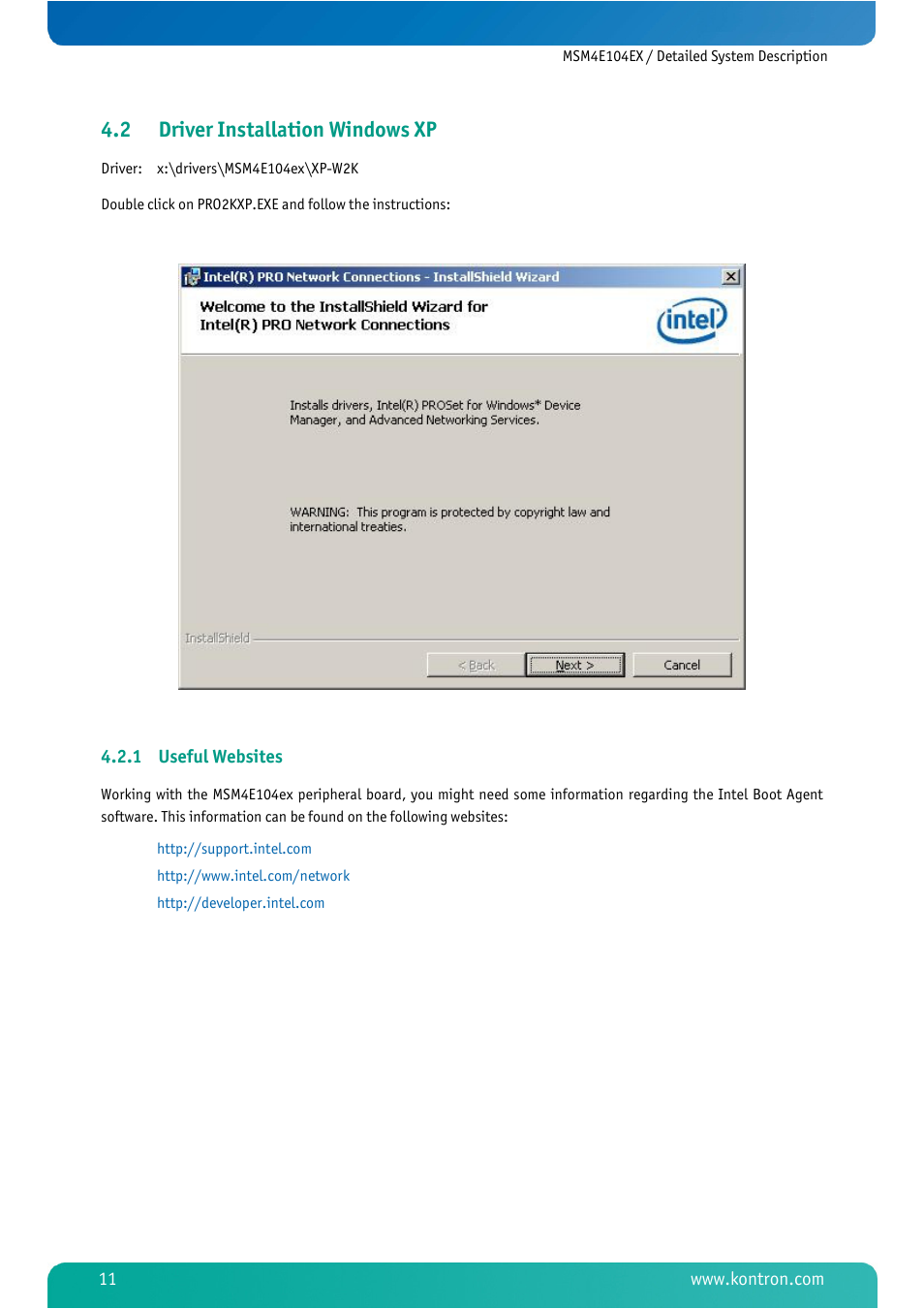 2 driver installation windows xp, 1 useful websites, Driver installation windows xp | Useful websites | Kontron MSM4E104EX User Manual | Page 13 / 27