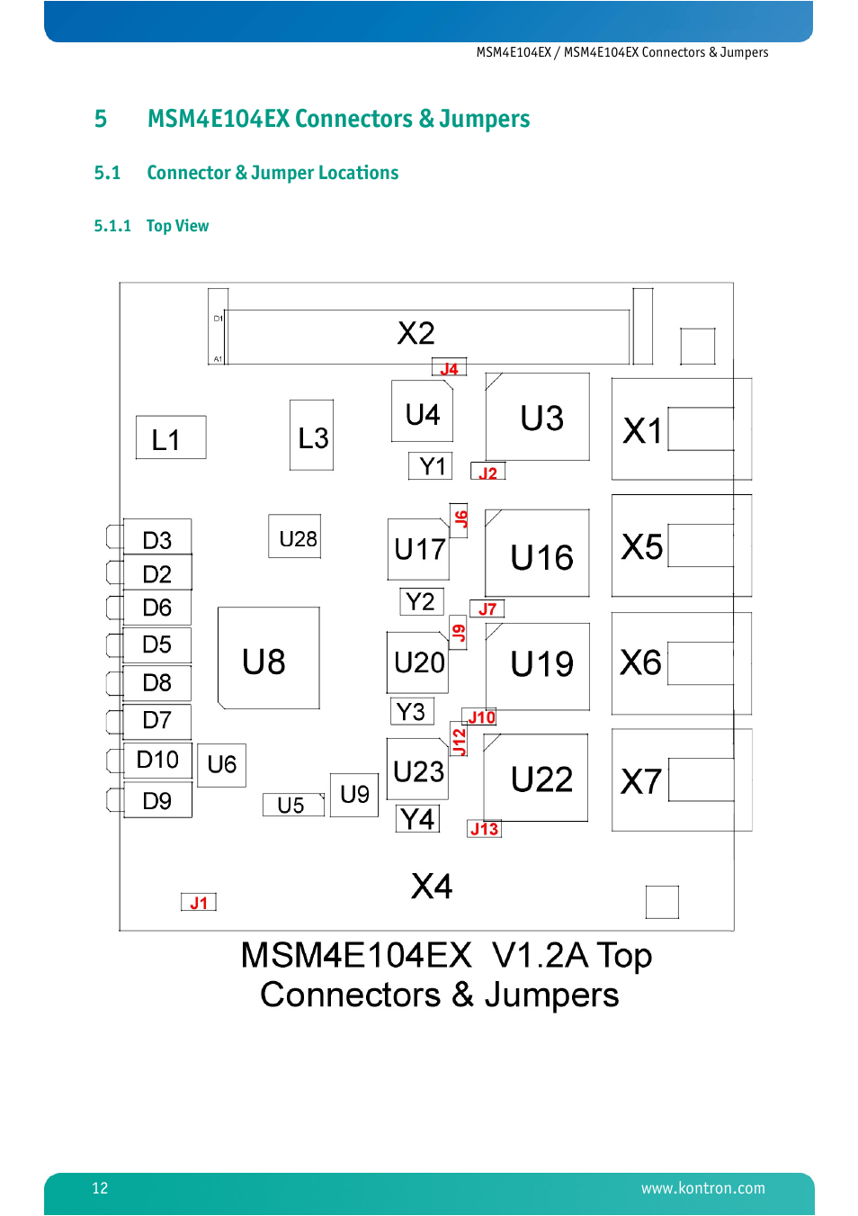 5 msm4e104ex connectors & jumpers, 1 connector & jumper locations, 1 top view | Msm4e104ex connectors & jumpers, Connector & jumper locations, Top view | Kontron MSM4E104EX User Manual | Page 14 / 27