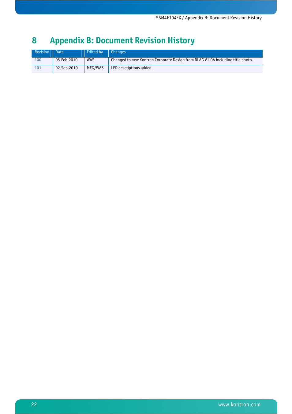 8 appendix b: document revision history, Appendix b: document revision history, 8appendix b: document revision history | Kontron MSM4E104EX User Manual | Page 24 / 27