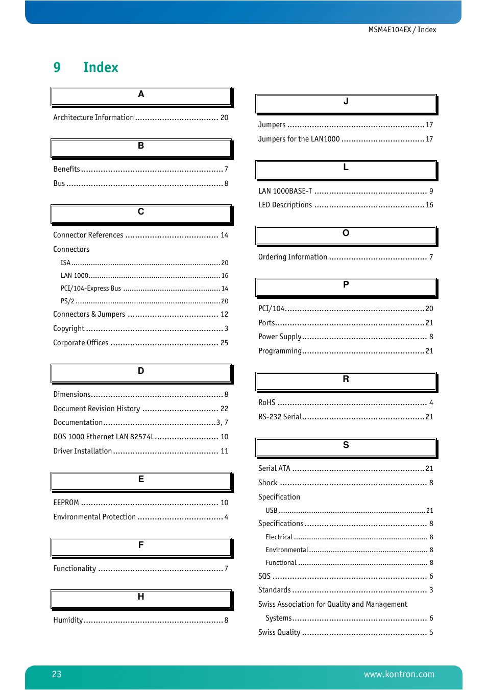 9 index, Index, 9index | Kontron MSM4E104EX User Manual | Page 25 / 27