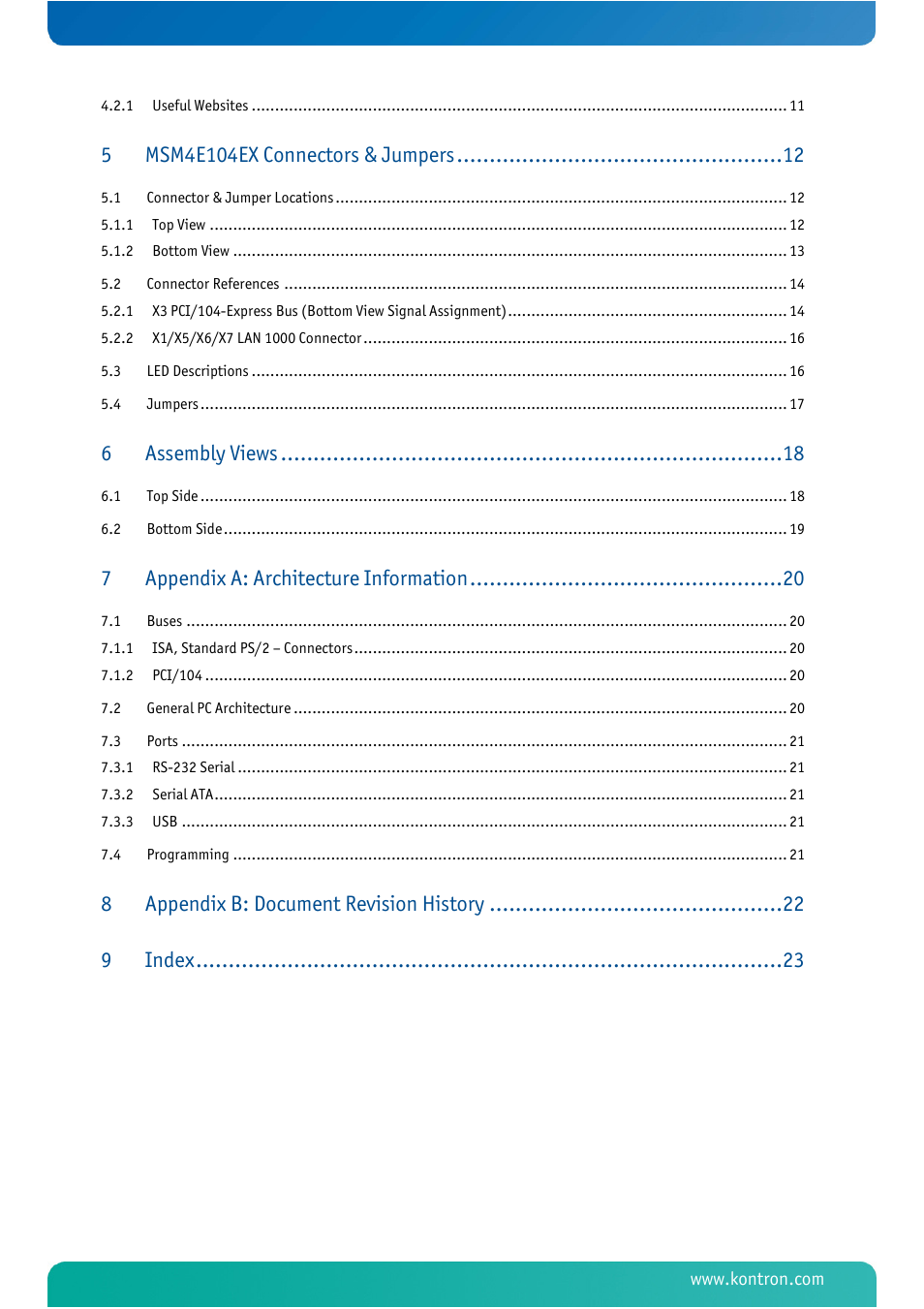 Msm4e104ex connectors & jumpers, Assembly views, Appendix a: architecture information | Appendix b: document revision history 9, Index | Kontron MSM4E104EX User Manual | Page 4 / 27