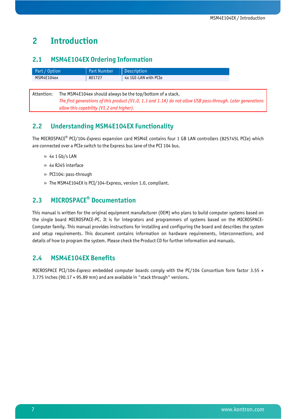 2 introduction, 1 msm4e104ex ordering information, 2 understanding msm4e104ex functionality | 3 microspace® documentation, 4 msm4e104ex benefits, Introduction, Msm4e104ex ordering information, Understanding msm4e104ex functionality, Microspace, Documentation | Kontron MSM4E104EX User Manual | Page 9 / 27